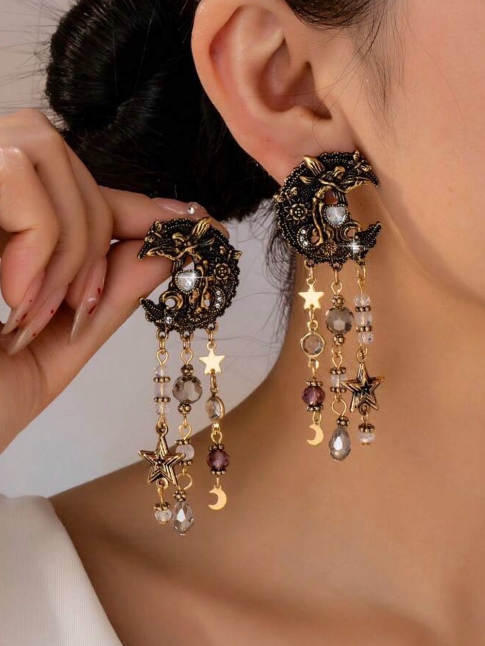 Gold Celestial Moon Drop Earrings
